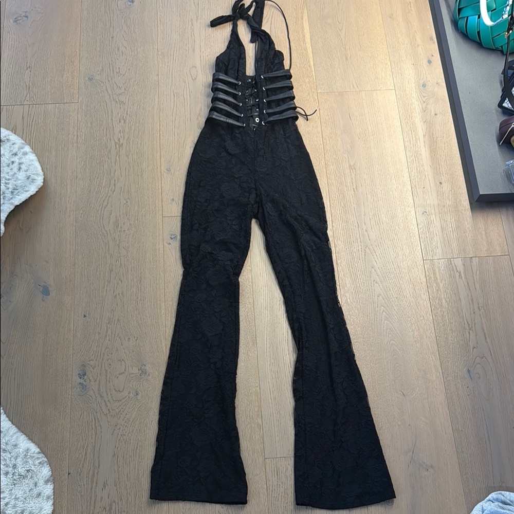 Black Lace Halter Corset Jumpsuit with Flared Legs